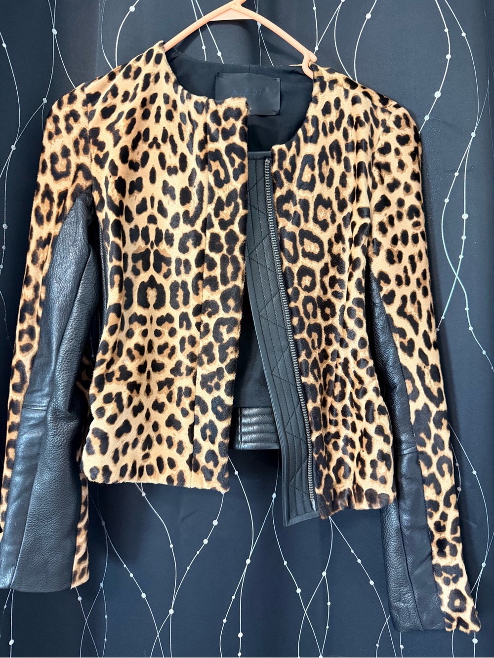 A.L.C. Leopard Print Faux Fur Jacket with Black Leather Sleeves
